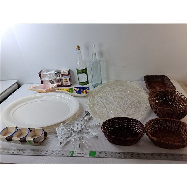(2) Glass Vinegar Bottles, (2) Plastic Trays Up to 19.75" Long, (4) Woven Baskets, Misc.
