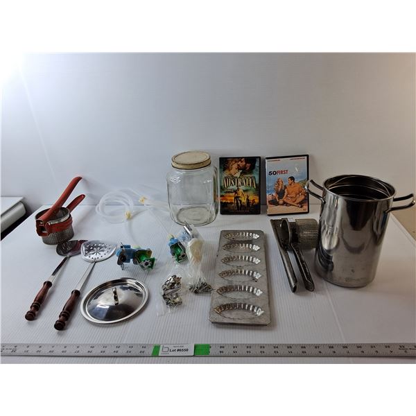 (2) Water Valves, Glass Jar 8.5" Tall, (2) DVDS- 50 First Dates, Australia, Misc.