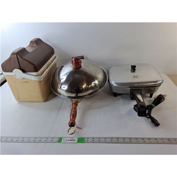 Kitchen Lot- Vintage Cooler, Wok, Electric Skillet- No Proper Cord