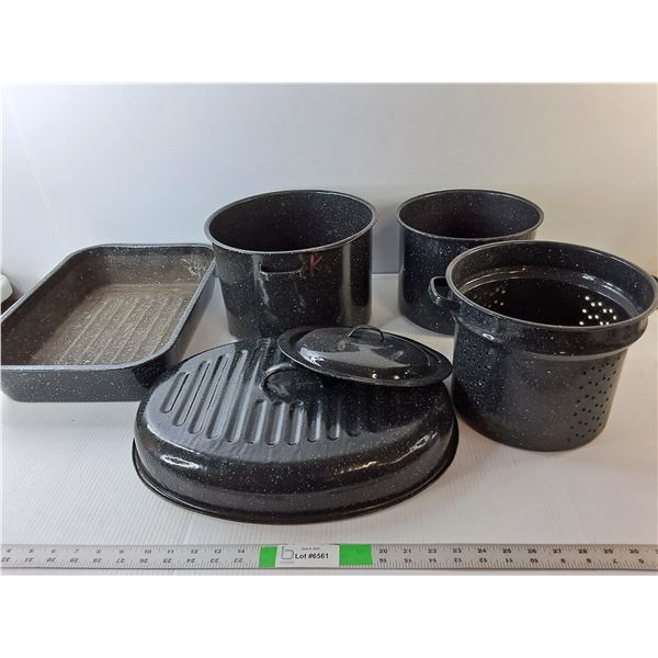 Enamel Cookware- (3) Pots/Strainer, (2) Lids, Casserole Dish 17" Long