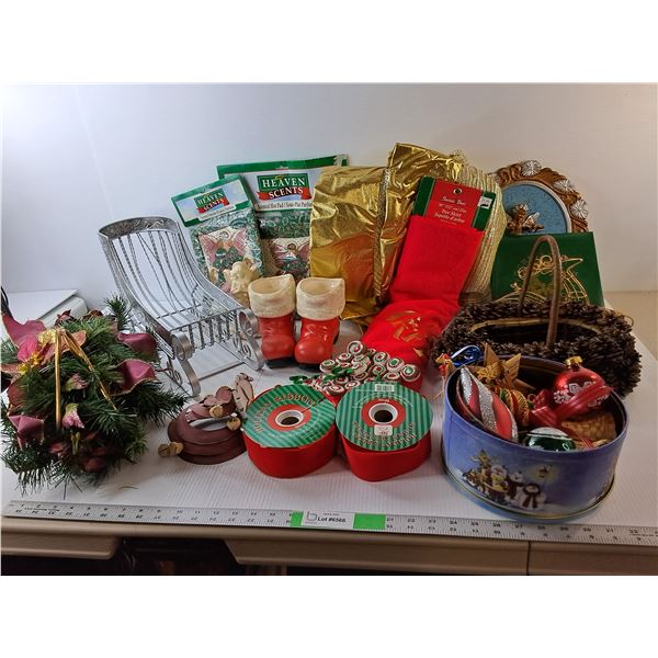 *Christmas Lot- (2) Tree Skirts, Ribbon, Decorative Sleighs, Misc.