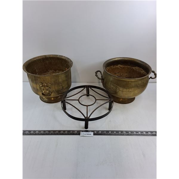 (2) Brass Plant Pots 11" Dia, Metal Stand 12" Dia