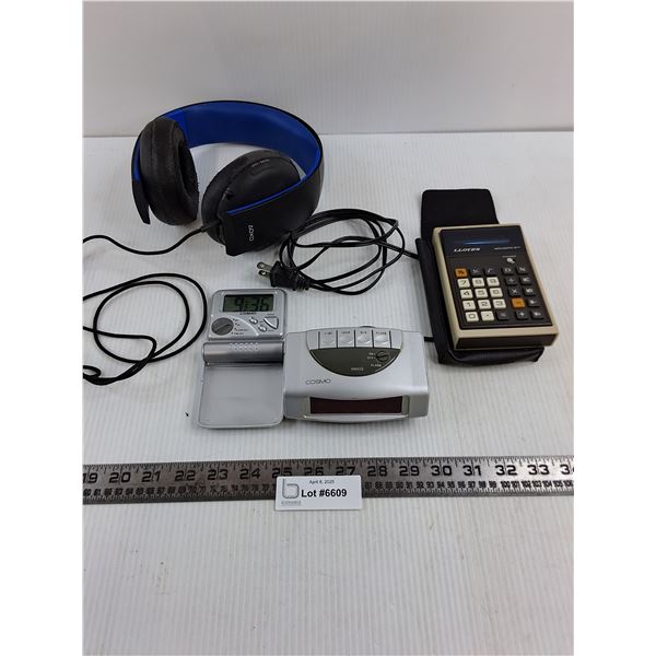 Assorted Electronics (Alarm Clocks - Working, Lloyd's Calculator - Untested, Sony PS Headphones)