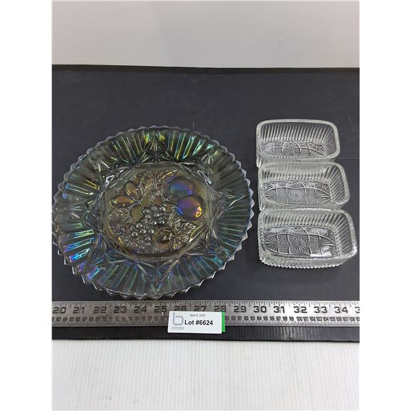 Iridescent Glass Platter 11" Dia & 3 Small Glass Butter Dishes
