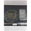 Image 1 : Iridescent Glass Platter 11" Dia & 3 Small Glass Butter Dishes