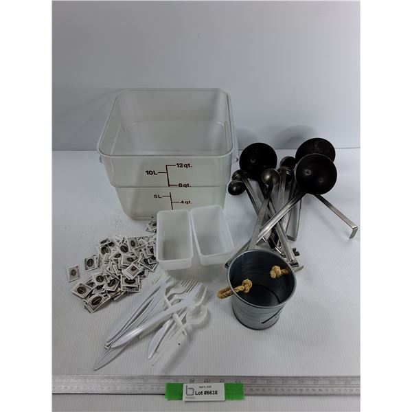 12 Quart Plastic Container, Various Metal Soup Ladles, Misc