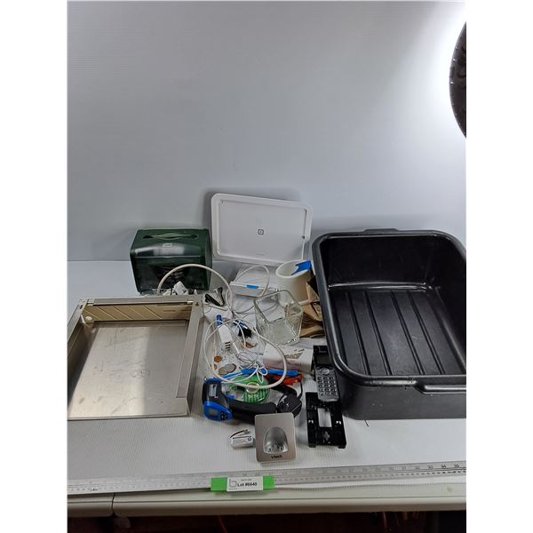 Lot Of  Various Items, Large Platic Bin,  20.5" x 15.5" x 7", Work Commercial Napkin Despener, Misc,