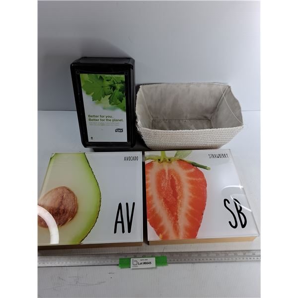 (2) 12" x 12" Food Decoration Signs, Tork Commercial Napkin  Dispenser, Misc