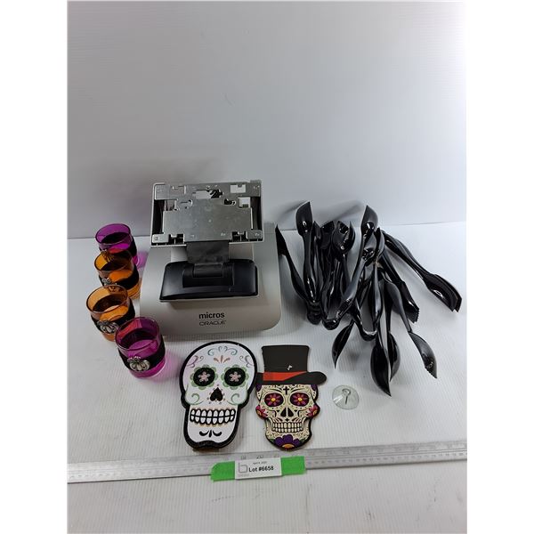 (2) Cardboard Skull Decor Pieces, Various Plastic Serving Tongs, Misc