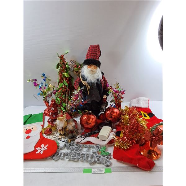 Lot Of Various Christmas Decorations, Stockings, Miniature Trees, Misc
