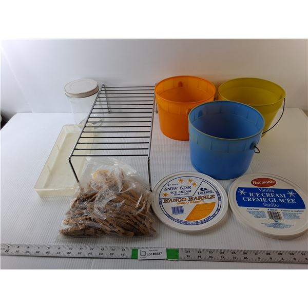Cooling Rack, (3) Vintage Ice Cream Pails & (2) Lids, Bag of Wooden Clothespins, Misc.