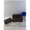 Image 1 : Wicker Basket, Kleenex Box Cover, Vase with Flowerrs and Pig dish