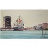 Image 1 : John M. Zupan (1941-1998) unframed acrylic on board painting of the Coral Sea Monrovia ship in dock,