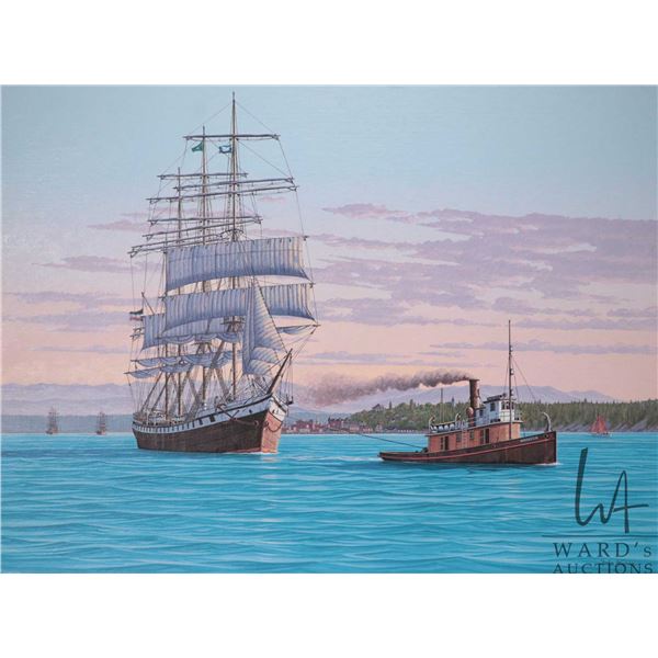 John M. Zupan (1941-1998) unframed acrylic on board painting of the tall ship Morgenstern being tugg