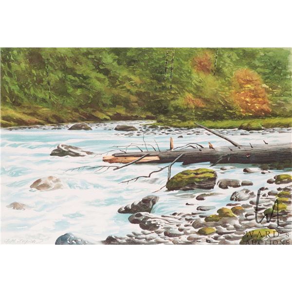 John M. Zupan (1941-1998) unframed original watercolour painting, titled on verso "River in Olympic 
