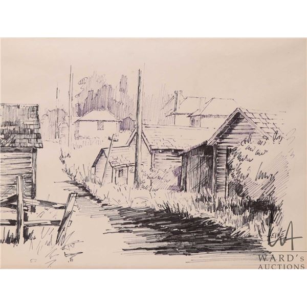 Jerry Heine, mat framed original ink drawings of small buildings, dated 1972, 8" X 10 1/2"
