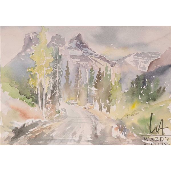 Jerry Heine unframed original watercolour painting of a mountain and road scene, 10" X 14"