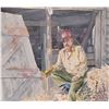 Image 1 : Jerry Heine unframed original watercolour painting of a farmer sitting in his barn, 18" X 21"
