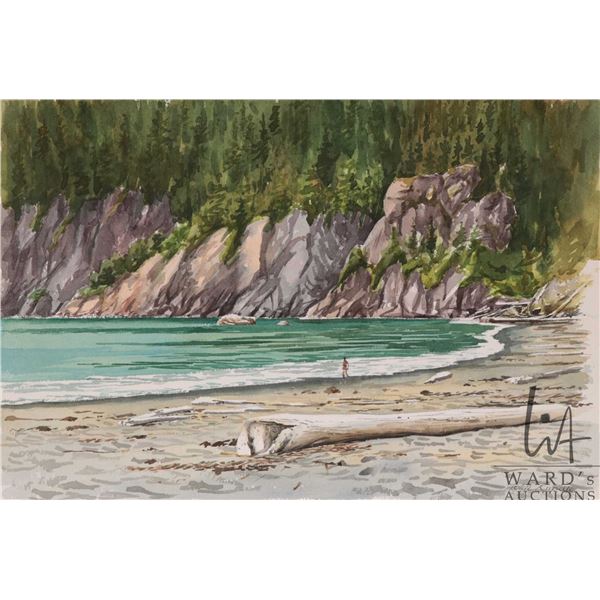 John M. Zupan (1941-1998) unframed original watercolour painting of a coastal beach with figure, 10"