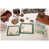Image 3 : Tray lot of vintage collectibles including a Dunlap brass blow torch, antique Ford headlight lense, 