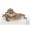 Image 1 : Bronze Rococo style ink stand with glass inkwell 8" wide