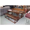 Image 1 : Antique quarter cut oak, Tudor style 78" X 30" table and a pair of matching benches all with decorat