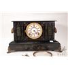 Image 2 : Antique tin, slate style chiming mantle clock with attached ram head garnitures, white sunk enamel d