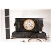 Image 3 : Antique tin, slate style chiming mantle clock with attached ram head garnitures, white sunk enamel d