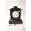 Image 1 : Antique slate chiming mantle clock with marble accents, white enamel dial and Roman numerals, appear