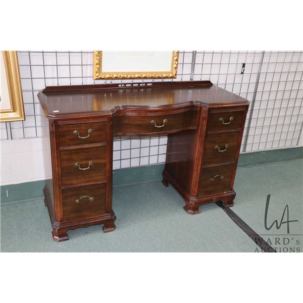 Antique mahogany double pedestal vanity/ small desk, appears to have been refinished, 31" H X 50" W 