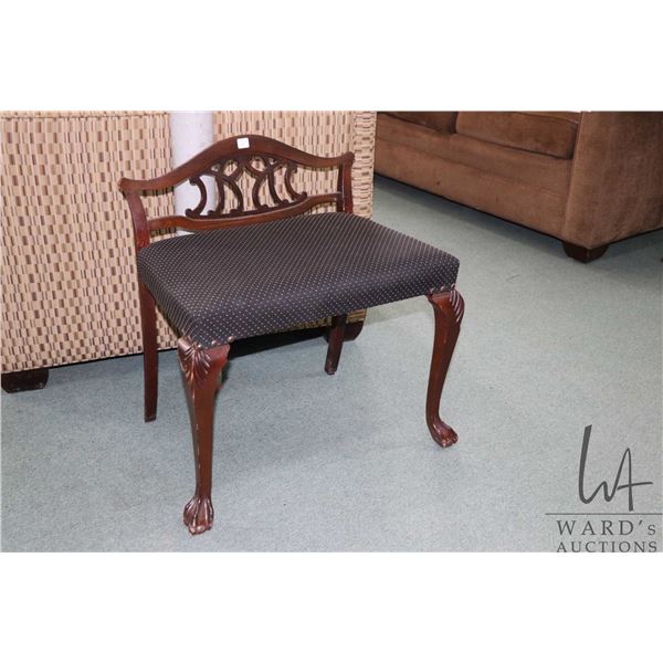 Modern Chippendale style bench with low back and carved ball and claw feet, suitable for vanities, e