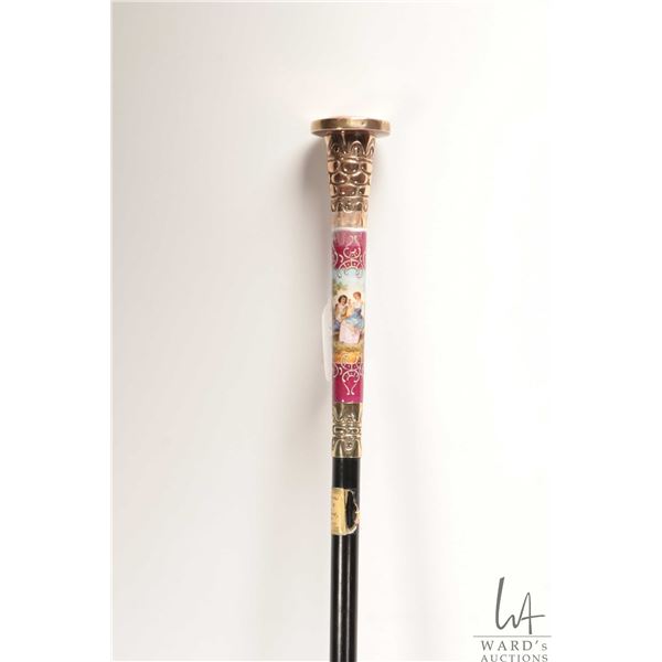 Antique 19th century, Sevres style hand painted porcelain walking stick with love story scene, gilt 