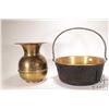 Image 1 : Large brass jelly pan with wrought iron handle and a brass spittoon