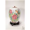 Image 1 : Antique hand painted ginger jar with famille rose florals, bird and script, turned wooden lid, 13" i