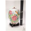 Image 2 : Antique hand painted ginger jar with famille rose florals, bird and script, turned wooden lid, 13" i