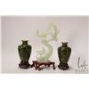 Image 1 : Two Cloissone vases with wooden plinths 5" in height and a carved jadeite pea fowl and tree, 10" in 