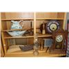 Image 1 : Two shelf lots of vintage collectibles including wash bowl and jug, gingerbread clock, two washboard