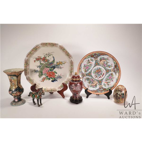 Selection of Asian collectibles including Cloissone ginger jar and horse, Peacock motif plate and fa