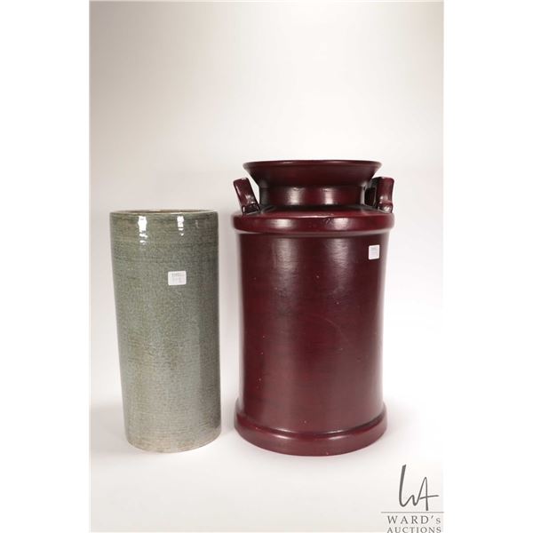 Seewai Art Pottery Canada 17" high cream can and a glazed cylinder vase