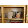 Image 1 : Shelf lot of modern decor including two Hyacinth woven hoops, selection of red clay pots etc.
