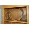 Image 2 : Shelf lot of modern decor including two Hyacinth woven hoops, selection of red clay pots etc.