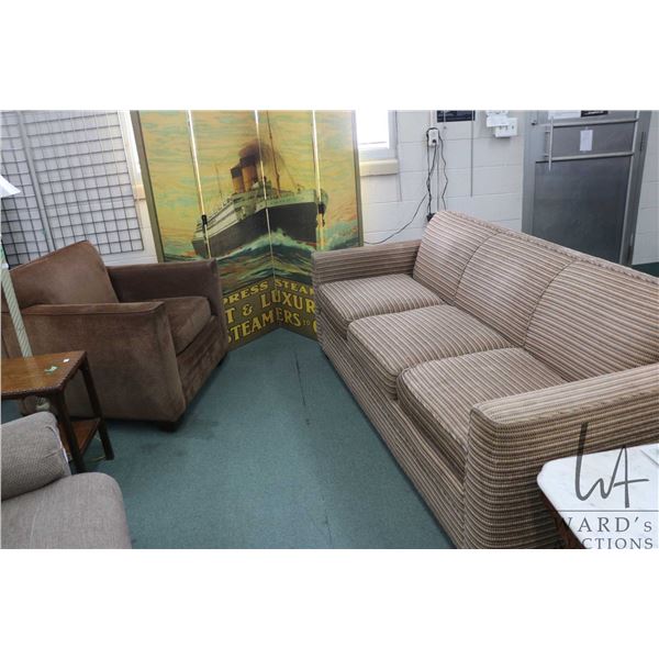Kravet Furniture Inc. striped upholstered 80  couch with complimenting parlour chair