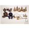 Image 1 : Selection of cabinet collectibles including brass bells, miniature tea set, trinket boxes, brass can