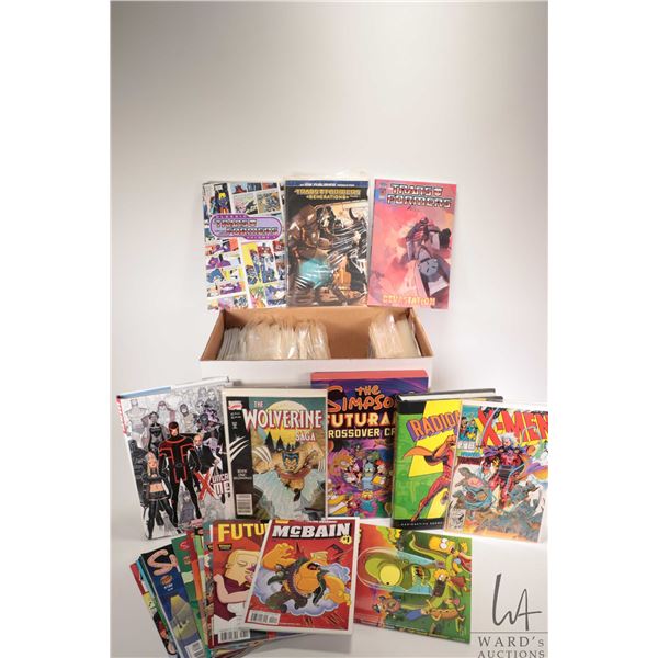 Short box of comics including "Transformers", "X-Men", "Simpsons", etc