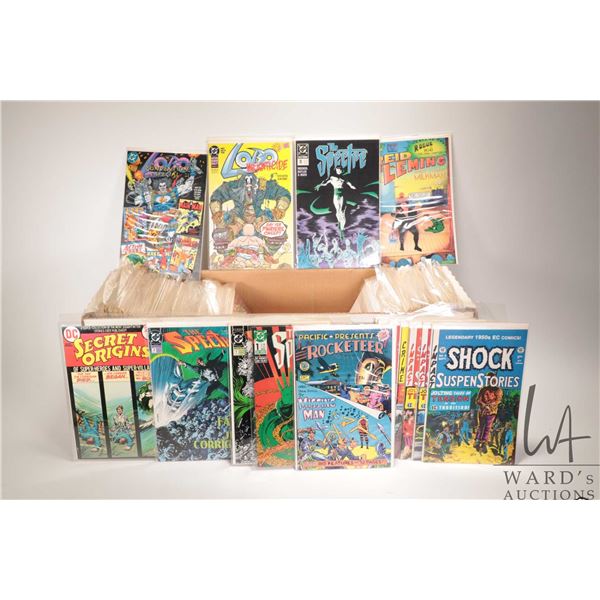 Long box of comics including "The Spectre", "Lobo", "Reid Fleming", "Weird Science, etc.
