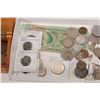 Image 3 : Tray containing a selection of foreign bank notes and coins including Mexico, England and US etc.