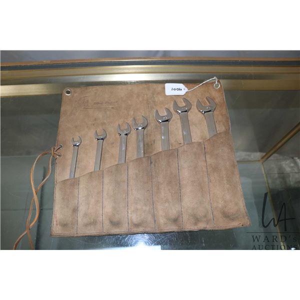 Seven standard Snap-On wrenches in Snap-On leather pouch including 3/8, 7/16, 1/2, 9/16, 5/8, 11/16,
