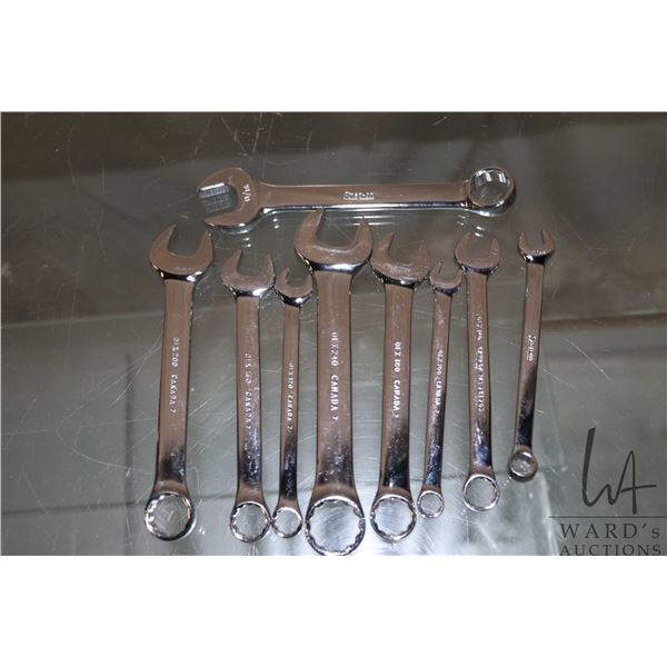 Nine standard Snap-On standard short wrenches including 5/16, 11/32, 3/8, 7/16, 1/2, 9/16, 5/8, 11/1