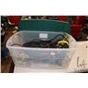Image 1 : Plastic tub containing a selection of extension cords, power bars and jumper cables