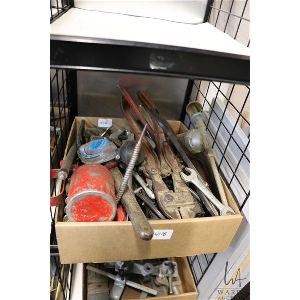 Selection of assorted mechanics tools including pullers, wrenches, shears, files, punches, chisels,